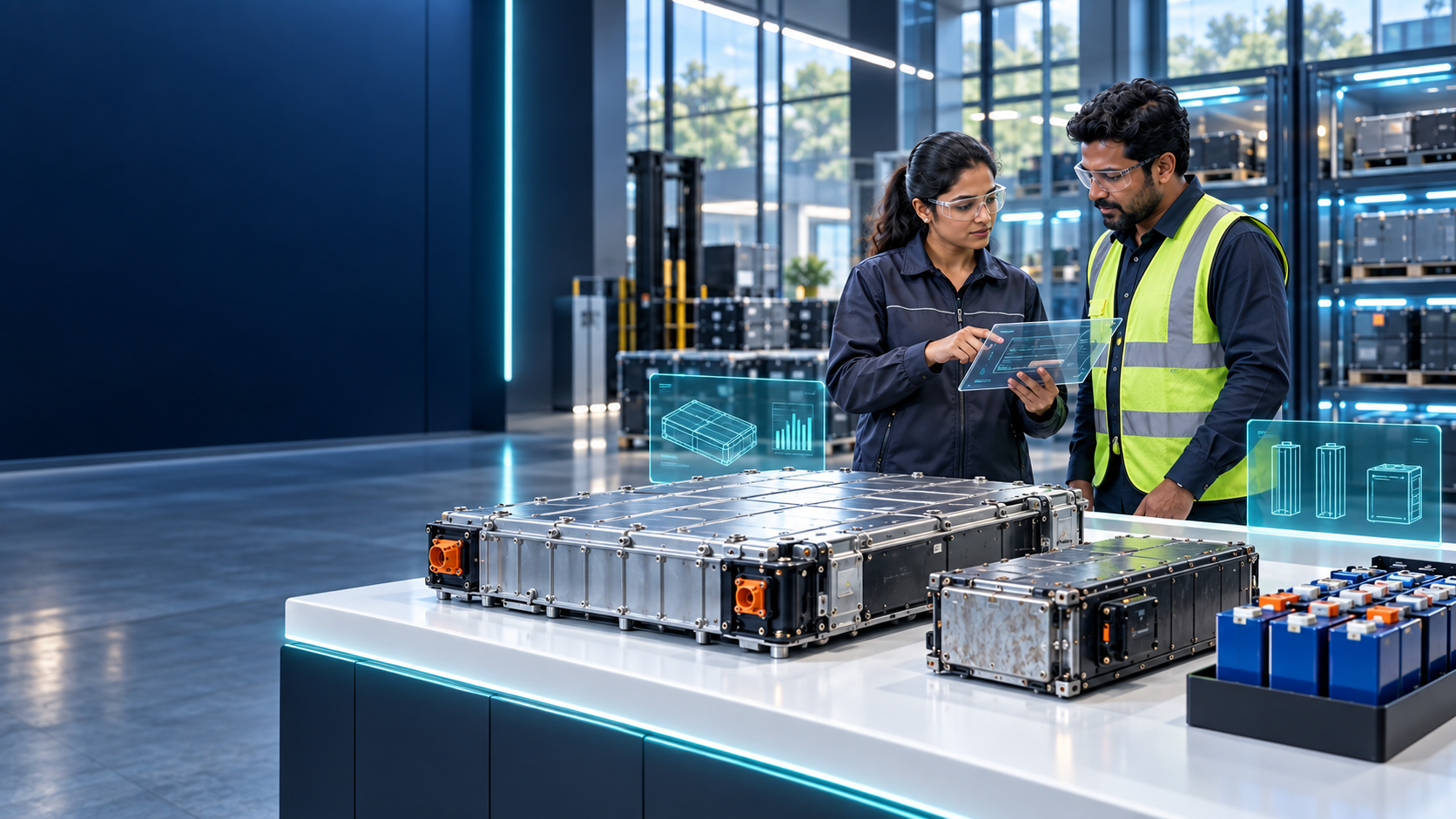 Illustration of two battery professionals reviewing EV battery packs, modules and cells